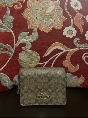Coach Metallic Khaki Signature Compact Wallet with Gold Hardware